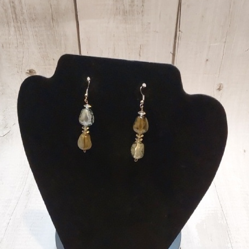 Chic Smoke Olive Gray Clear Beaded and Silver Dangle Earrings